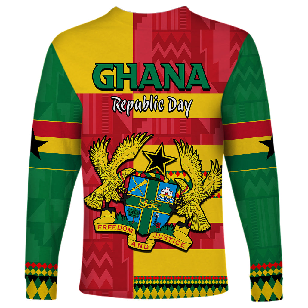 Unisex long-sleeve shirt with 'GHANA Republic Day' text and crest on green, red, yellow