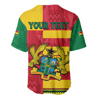 Back of short-sleeve baseball jersey in red, yellow, and green with 'YOUR TEXT' and crest