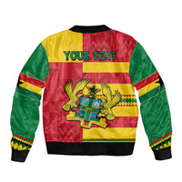 Unisex bomber jacket, back YOUR TEXT with Ghana flag colors red, yellow, green, black trim