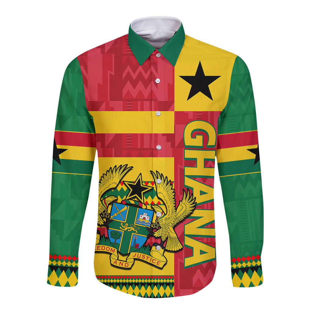 Long sleeve button shirt with green, yellow, red Ghana crest and star graphic