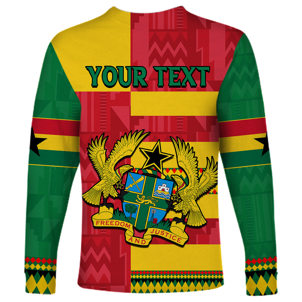 Long-sleeve custom Ghana kente shirt with 'YOUR TEXT' and eagle crest in green, red, yellow