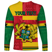 Long-sleeve custom Ghana kente shirt with 'YOUR TEXT' and eagle crest in green, red, yellow