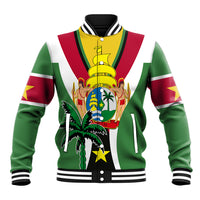 Green baseball jacket with red/white striped yoke, front button, large crest graphic