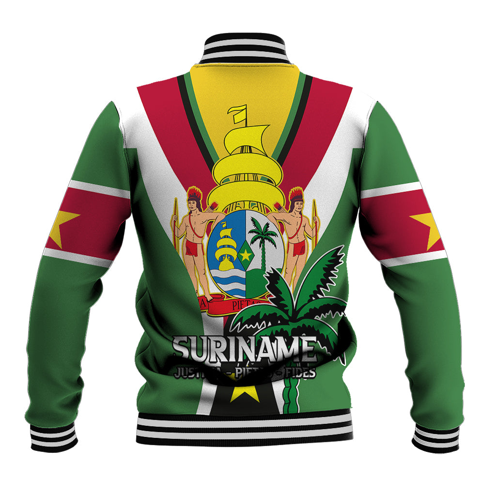 Green baseball jacket back with stripes, ribbed collar, and SURINAME text graphic