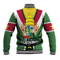 Green baseball jacket back with stripes, ribbed collar, and SURINAME text graphic
