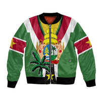 Green unisex bomber jacket, full-zip front, ribbed cuffs, colorful torch emblem