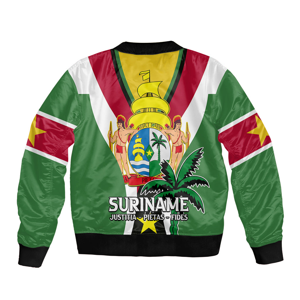 Green unisex bomber jacket with full-zip front, SURINAME logo and figures graphic