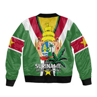 Green unisex bomber jacket with full-zip front, SURINAME logo and figures graphic