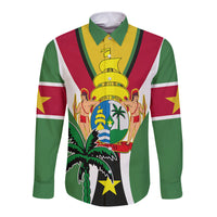 Green long sleeve button shirt with yellow collar, crest graphic and striped sleeves