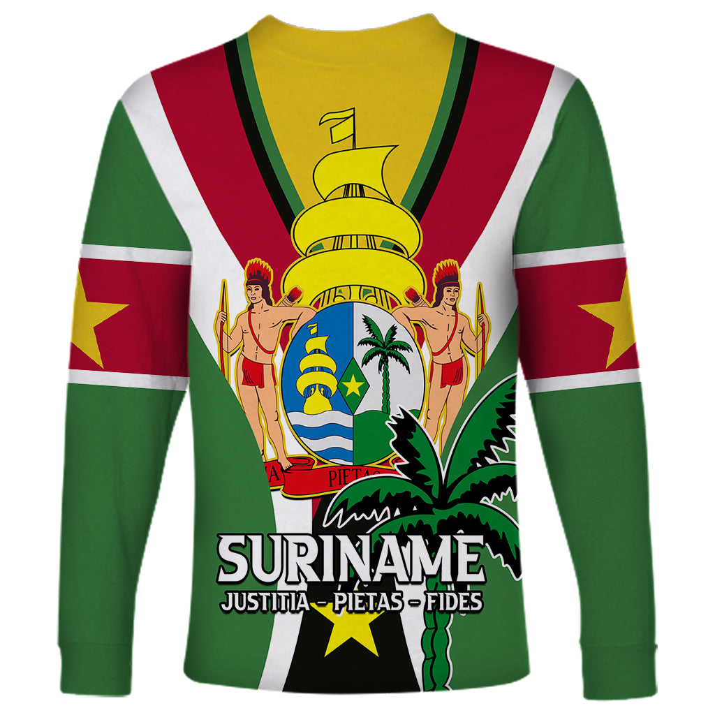 Green long-sleeve shirt with Suriname crest and 'SURINAME' text across front