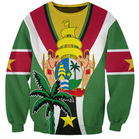 Green crewneck sweatshirt with Suriname crest and emblem graphic, striped panel design