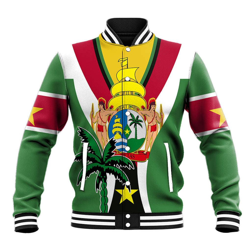 Green varsity baseball jacket with red and white stripes, crest graphic on front