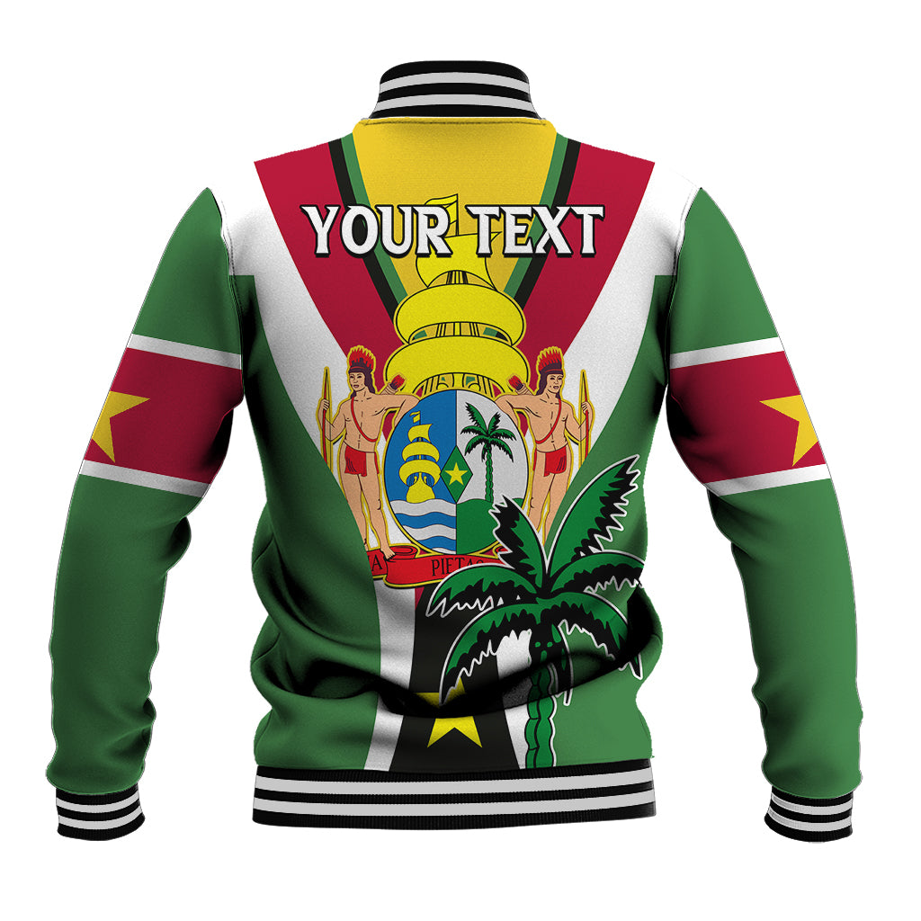 Green varsity baseball jacket with back text 'YOUR TEXT' and crest graphic