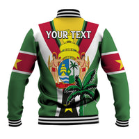 Green varsity baseball jacket with back text 'YOUR TEXT' and crest graphic