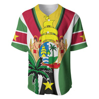Green baseball jersey with maroon, yellow, and white stripes; large crest graphic on front