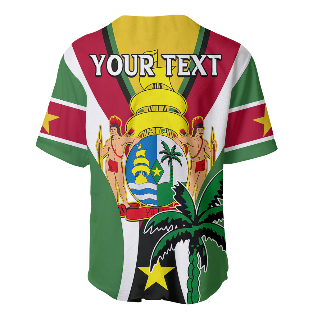 Green baseball jersey with striped sleeves and crest; "YOUR TEXT" on upper back