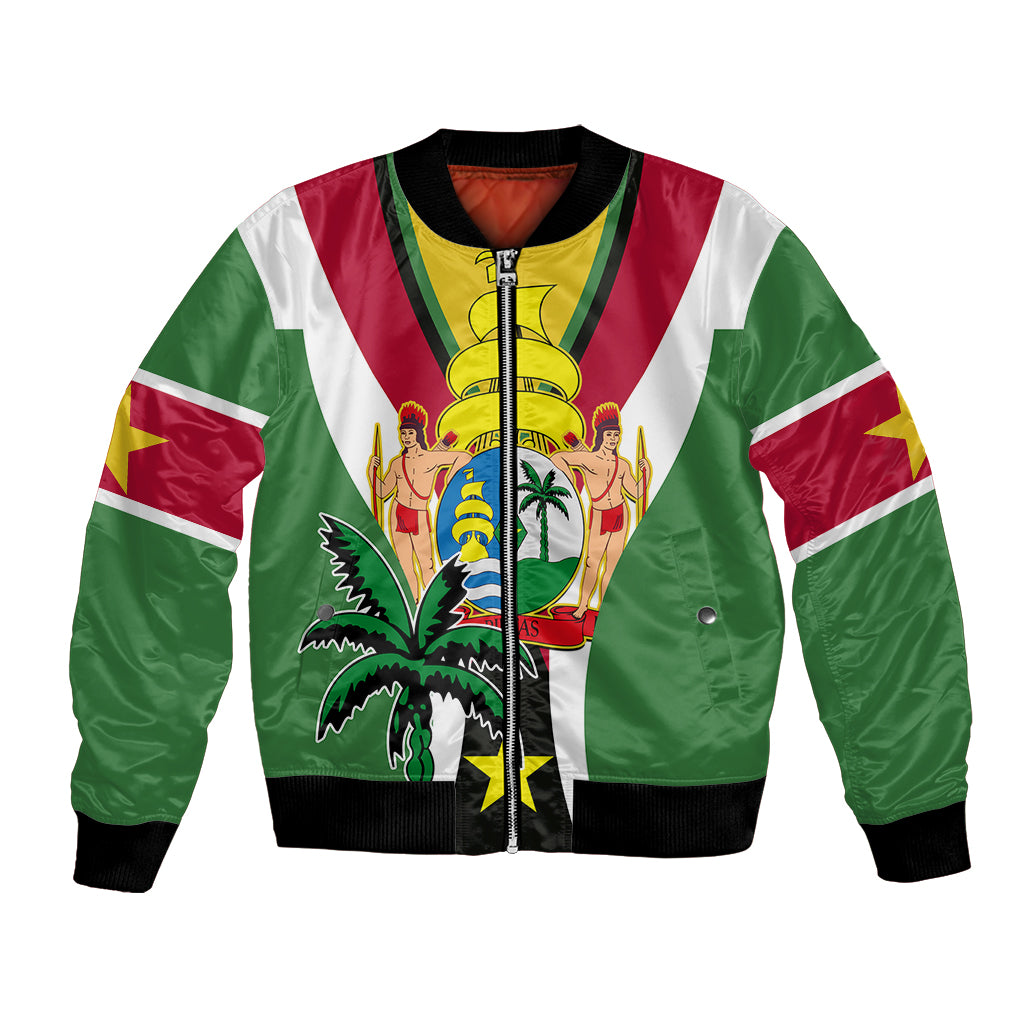 Unisex green bomber jacket with red-white stripes and front graphic panel, zip closure