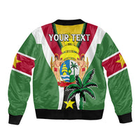 Unisex green bomber jacket with red-white stripes, back graphic with 'YOUR TEXT'