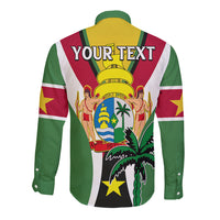 Green long-sleeve button shirt, back graphic with 'YOUR TEXT' over crest and stripes