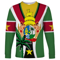 Unisex green long-sleeve shirt with Suriname crest graphic and red-yellow-white stripes