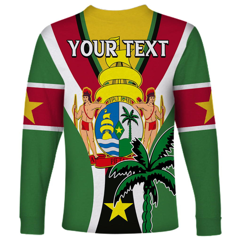 Unisex green long-sleeve shirt with crest graphic, 'YOUR TEXT', and red-white stripes