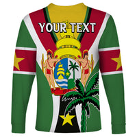 Unisex green long-sleeve shirt with crest graphic, 'YOUR TEXT', and red-white stripes