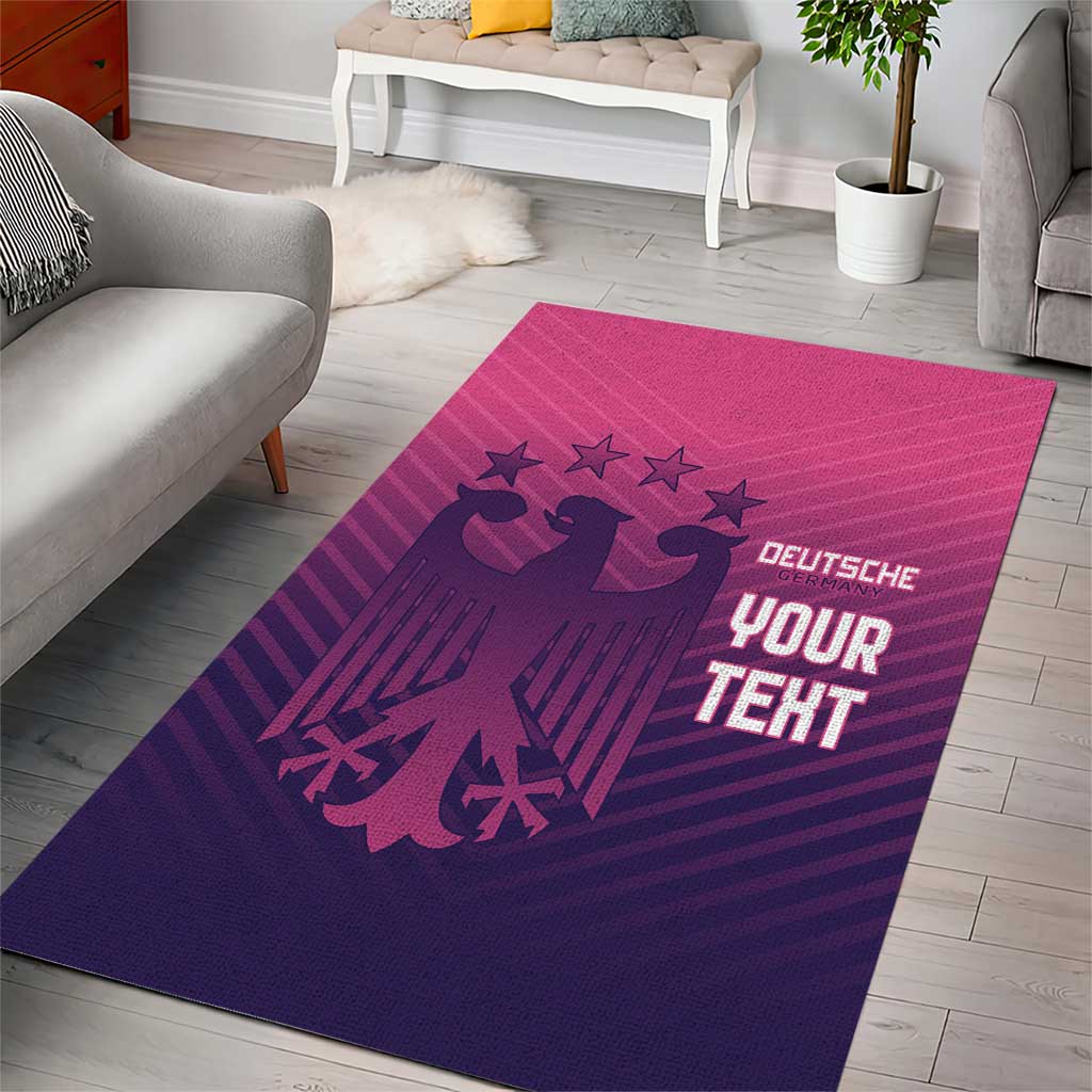 Purple area rug with pink glowing line, German text and bird silhouettes on wood floor