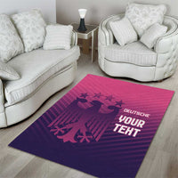 Purple area rug with pink graphic line, German text and bird silhouettes on hardwood floor