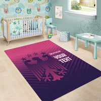 Purple area rug with pink graphic line, German text and bird silhouettes in a nursery