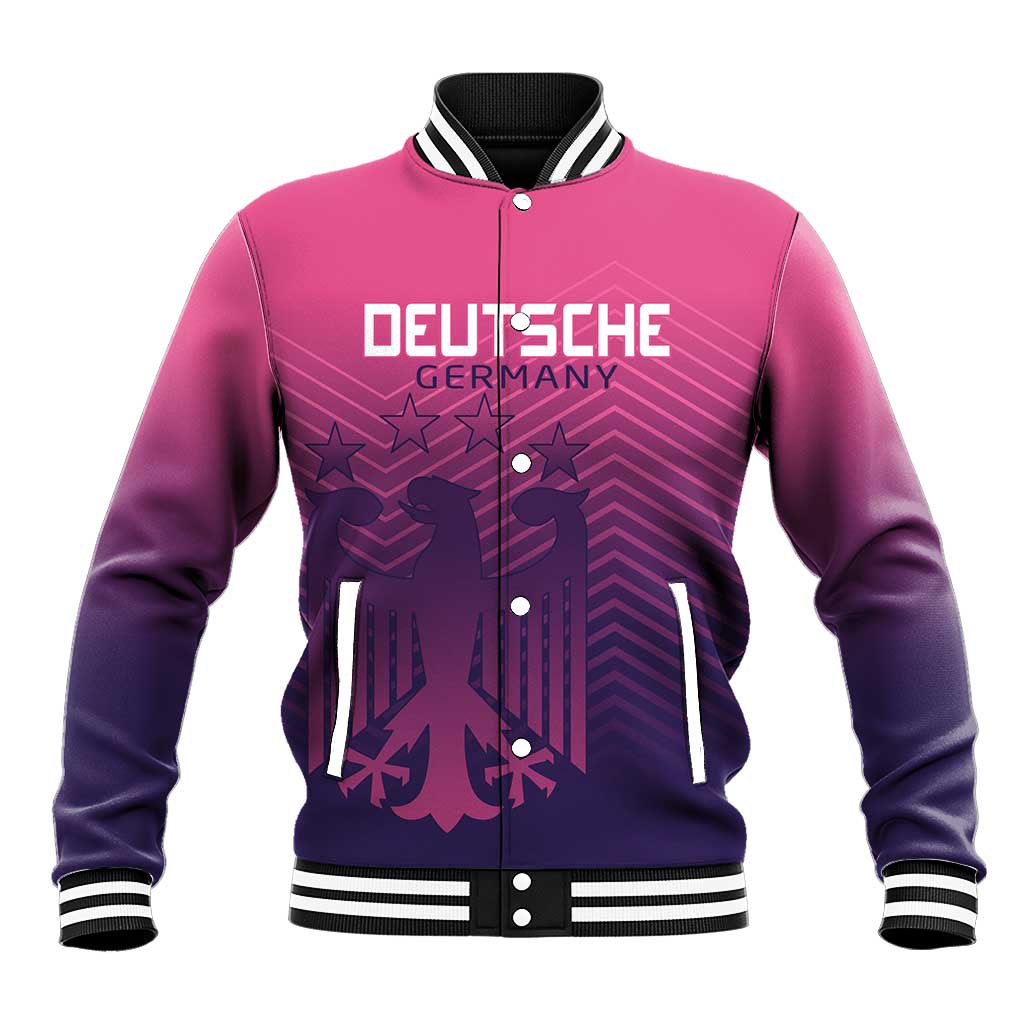 Pink and dark purple varsity baseball jacket with snap front, ribbed collar and cuffs