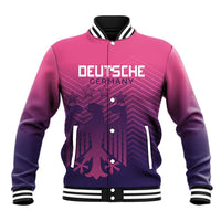 Pink and dark purple varsity baseball jacket with snap front, ribbed collar and cuffs