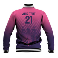 Pink baseball jacket with ribbed collar, striped cuffs, back graphic number 21