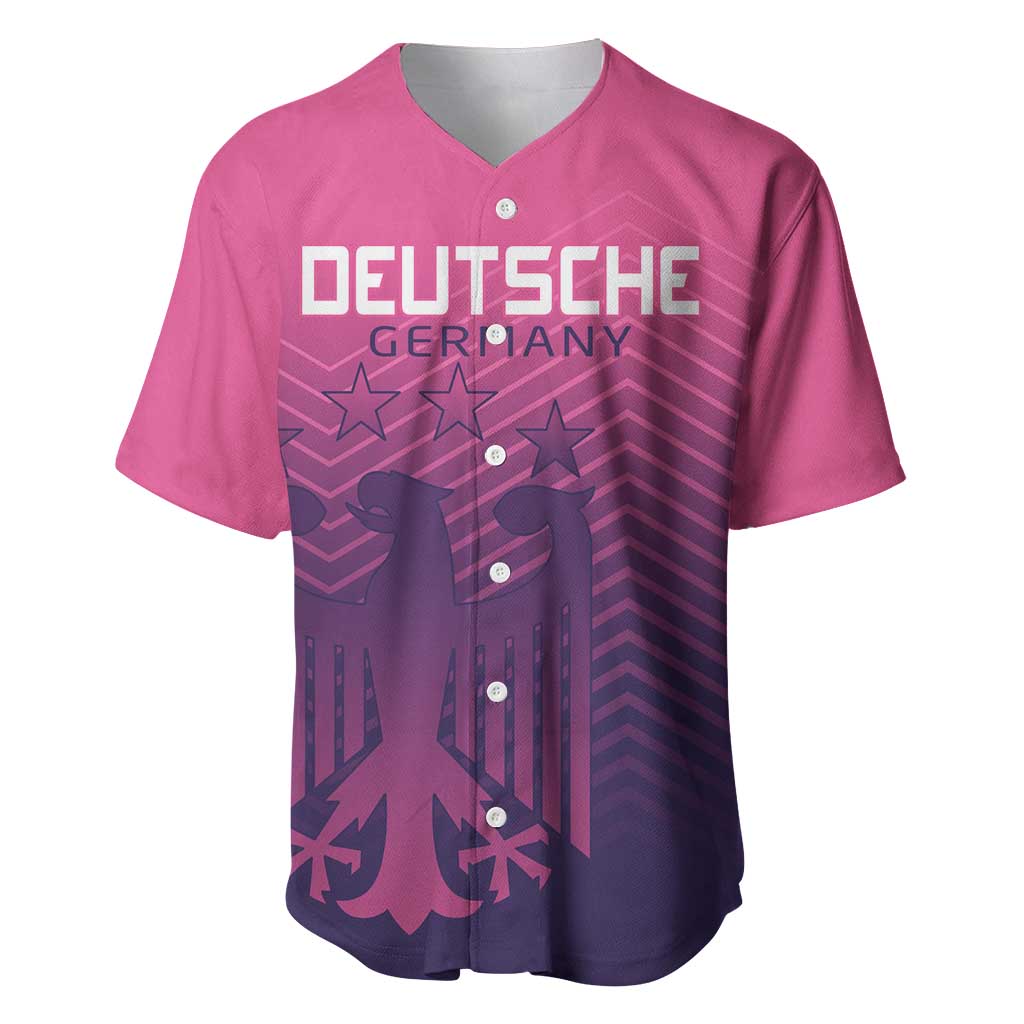 Pink V-neck baseball jersey with front graphic and button placket, short sleeves