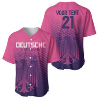 Pink V-neck baseball jersey shown front and back with graphics and number 21