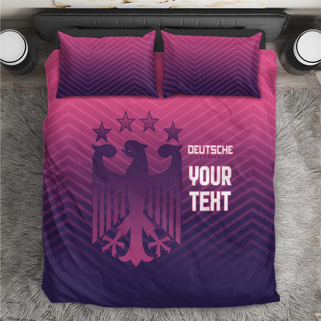 Pink and purple football bedding set with two pillowcases and 'YOUR TEXT'/'DEUTSCHE'