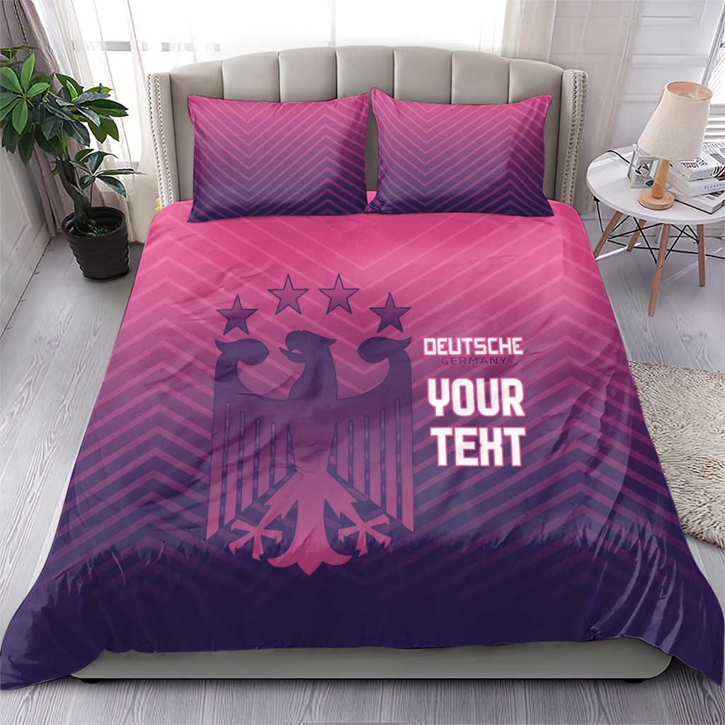 Pink and purple Germany football bedding set with 'YOUR TEXT' and 'DEUTSCHE' print