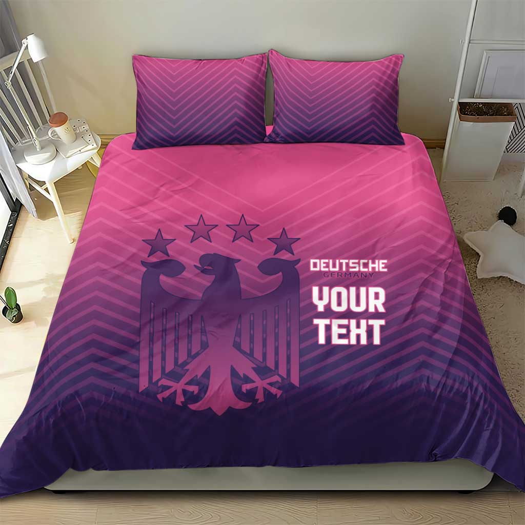 Pink and purple football bedding set with 'YOUR TEXT' and 'DEUTSCHE' on duvet