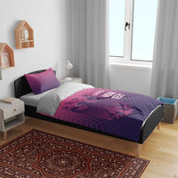 Pink and purple football bedding set with 'YOUR TEXT' and 'DEUTSCHE' on bed