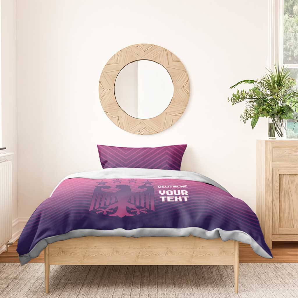 Pink and purple football bedding set, 'YOUR TEXT' and 'DEUTSCHE' on duvet