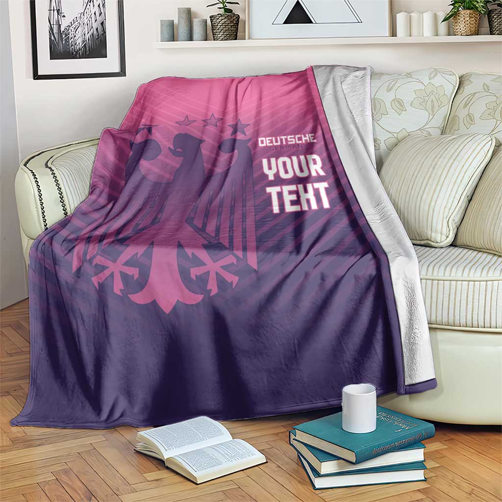 Football-themed blanket with pink-to-purple gradient and 'DEUTSCHE' 'YOUR TEXT' print