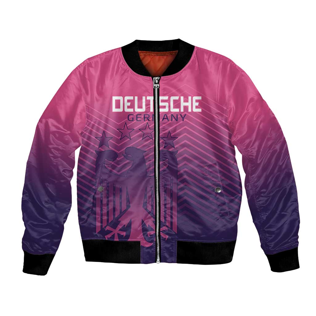 Pink satin bomber jacket with front zipper, ribbed cuffs, and star graphic panel