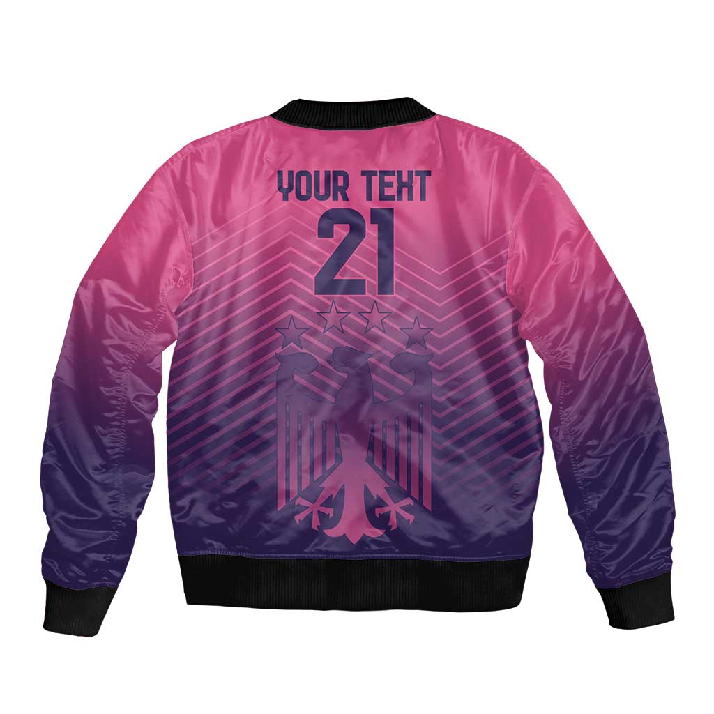 Pink bomber jacket back with ribbed hem, number 21 print, and star emblem