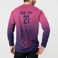 Pink quarter-zip button sweatshirt with YOUR TEXT 21 back print on model