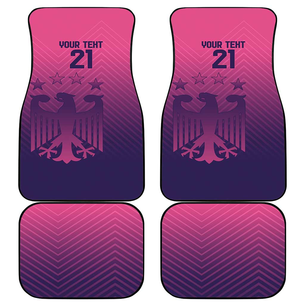 Car floor mat set in purple with pink “YOUR TENT 21” text and emblem