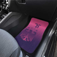 Purple front car floor mat with pink “YOUR TENT 21” graphic and glowing border