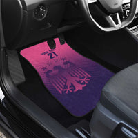 Purple driver-side car floor mat with pink “YOUR TENT 21” emblem and edge glow