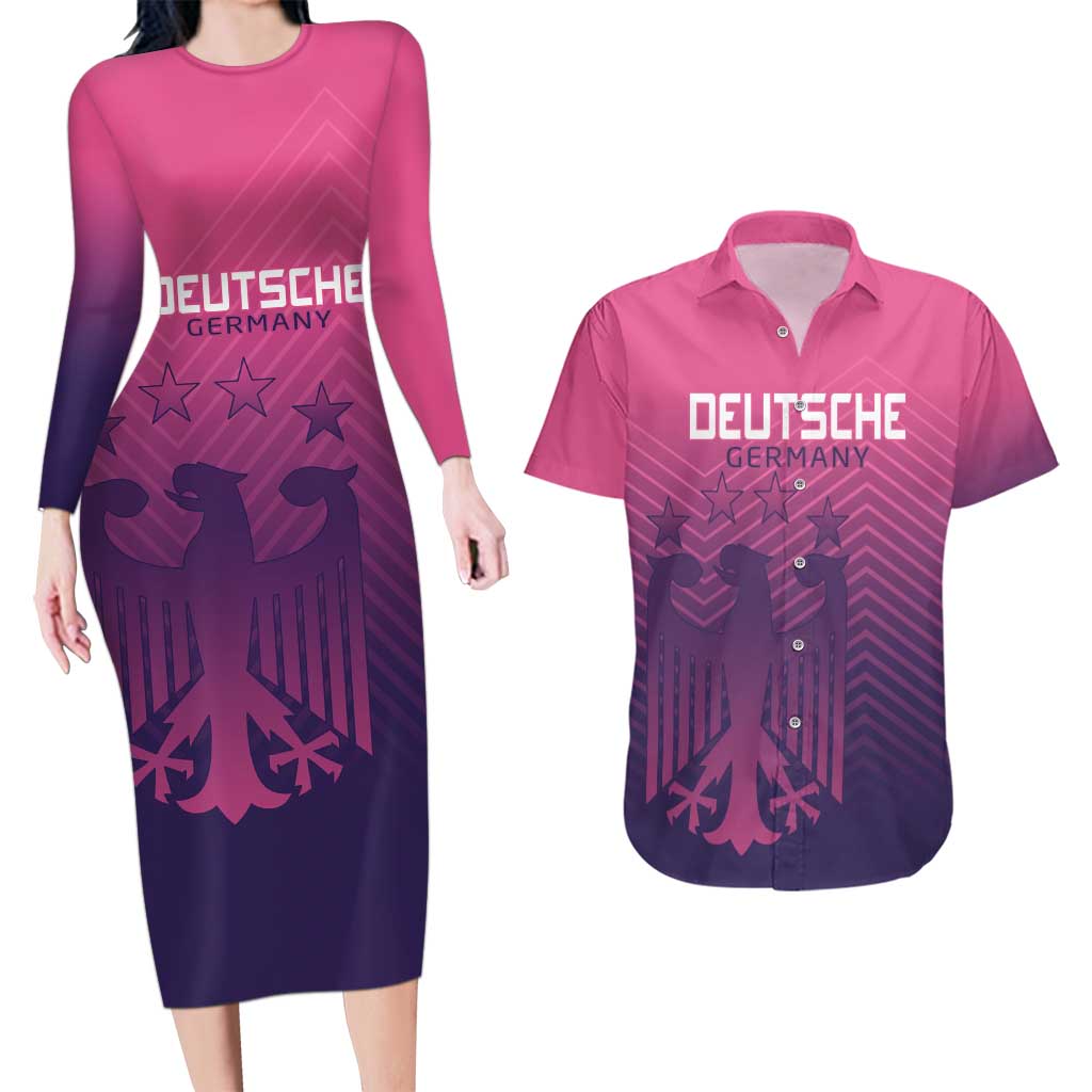 Custom Germany Football Couples Matching Long Sleeve Bodycon Dress and Hawaiian Shirt Glowing Pink Line LT9 - Wonder Print Shop