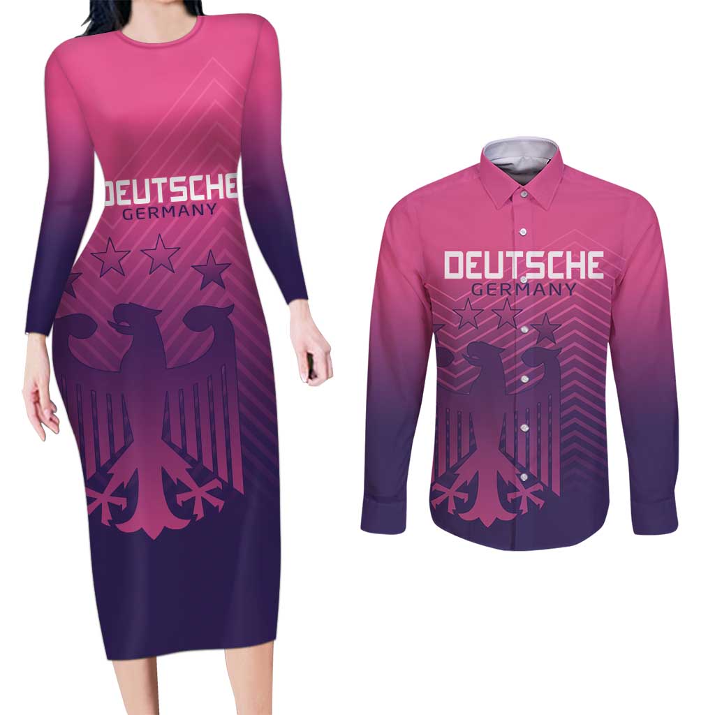 Custom Germany Football Couples Matching Long Sleeve Bodycon Dress and Long Sleeve Button Shirt Glowing Pink Line LT9 - Wonder Print Shop