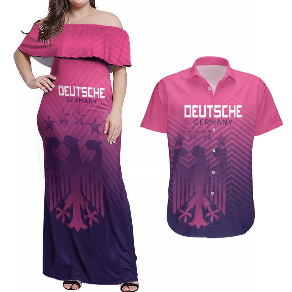 Custom Germany Football Couples Matching Off Shoulder Maxi Dress and Hawaiian Shirt Glowing Pink Line LT9 - Wonder Print Shop