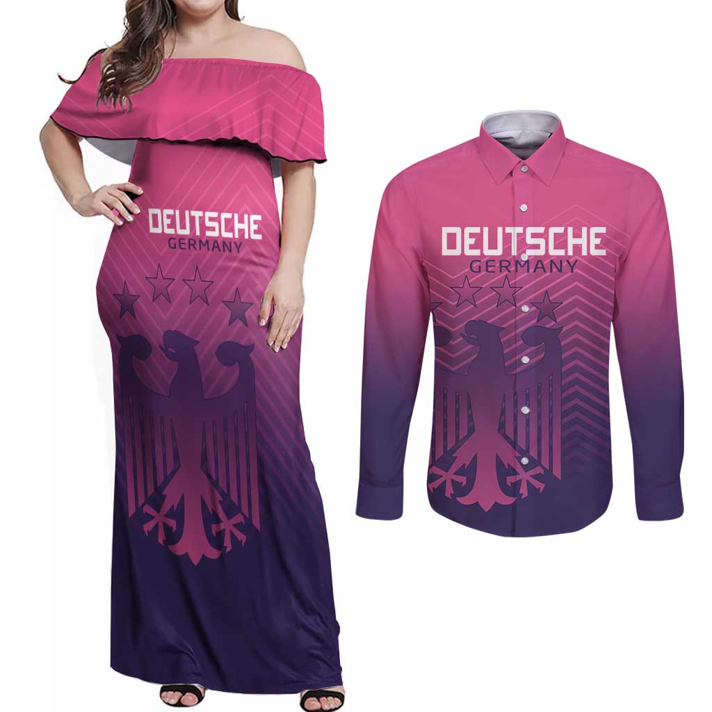 Custom Germany Football Couples Matching Off Shoulder Maxi Dress and Long Sleeve Button Shirt Glowing Pink Line LT9 - Wonder Print Shop